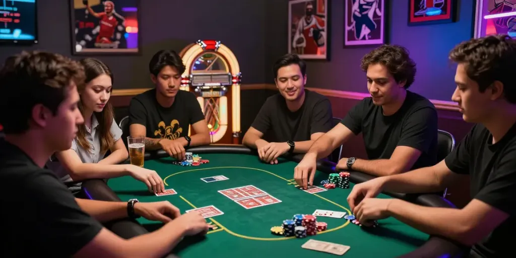 Permainan kartu di situs gacor dengan teman-teman, chips dan uang tersusun rapi dalam suasana dramatis.