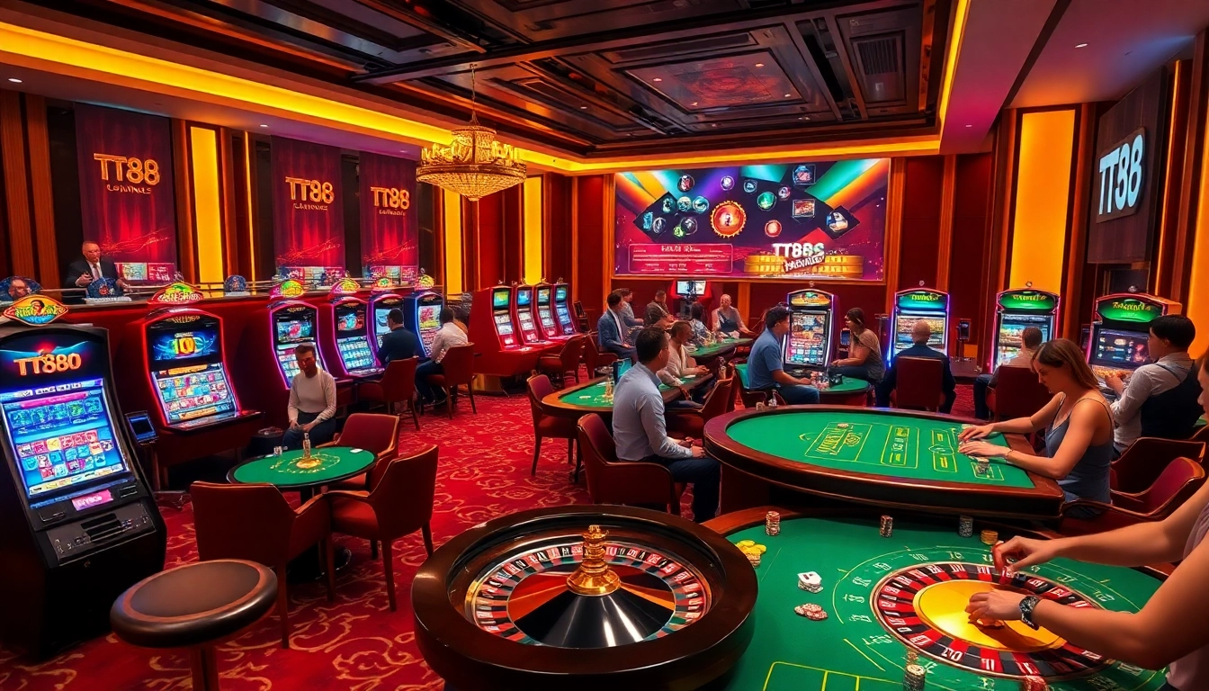 Experience the thrill of TT88 at an upscale casino with vibrant slots, engaged players, and exciting games.