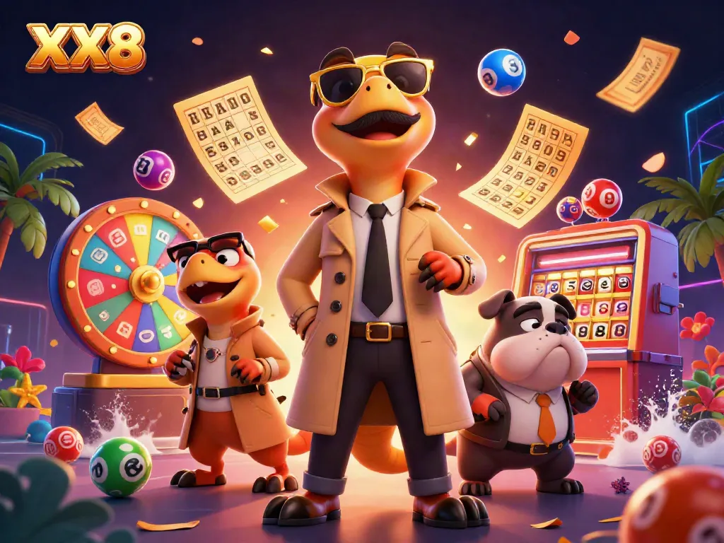 Experience the vibrant energy of XX8 with a scene featuring three cartoon raptors in a trench coat attempting VIP entry, surrounded by colorful gambling elements.