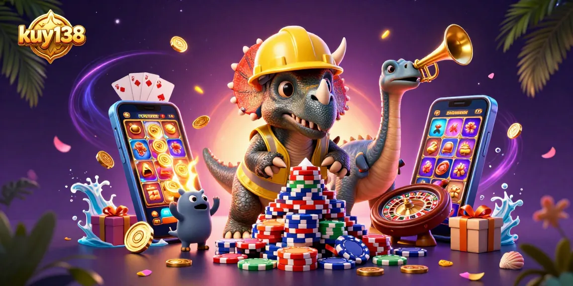 kuy138 merayakan kemenangan dengan triceratops membangun tumpukan poker chip di kasino virtual