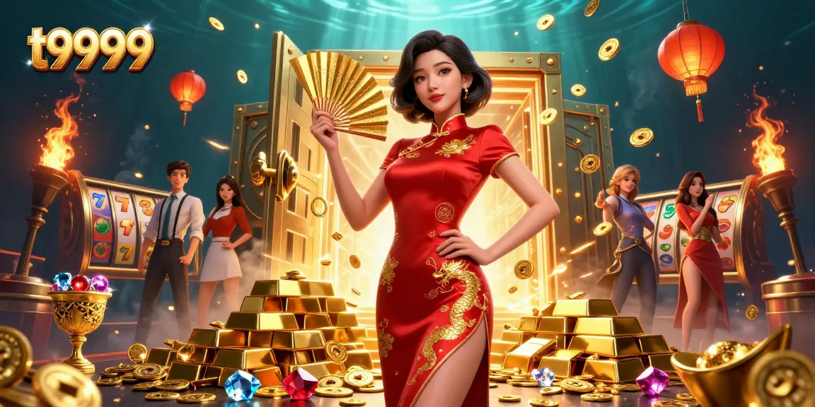 Engage thrillingly at t9999 with vibrant slot games and stunning visuals, featuring a radiant Asian woman.
