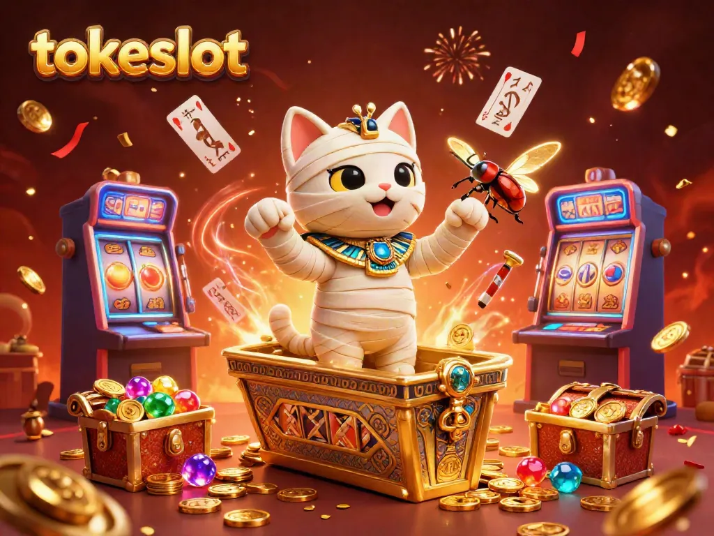 Experience the excitement of tokeslot with a vibrant casino scene featuring an Egyptian mummy cat and dynamic gambling elements.