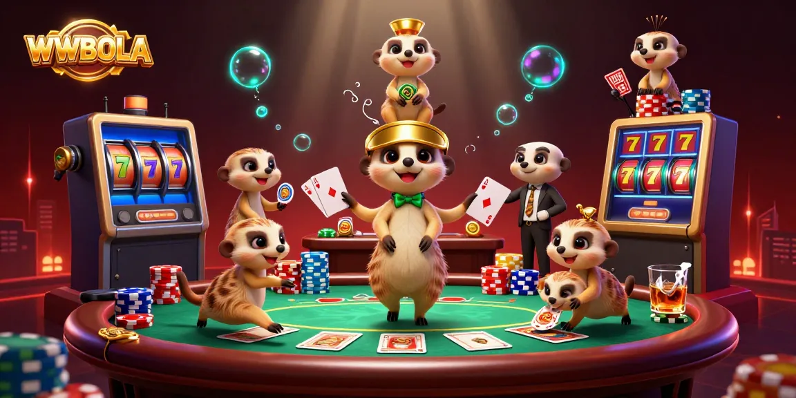 WWBOLA menampilkan koloni meerkat yang megah di kasino dengan slot dan tumpukan chip warna-warni.