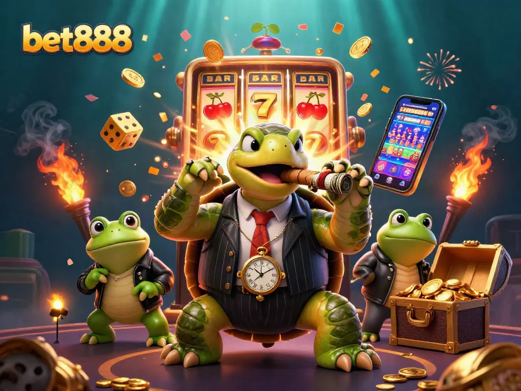 Bet888 showcases a lively casino scene with a snapping turtle mobster and rich slot machine visuals.