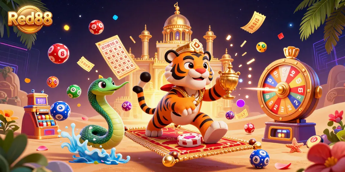 Red88's vibrant casino scene featuring a tiger sultan, colorful lottery balls, and dynamic prizes.