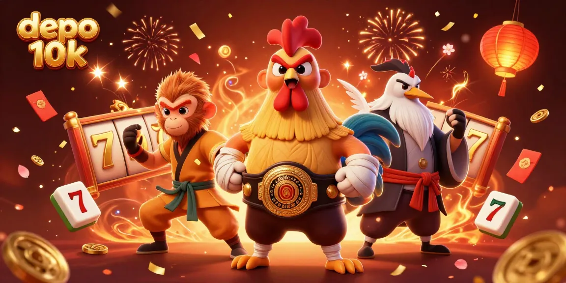 Play at depo 10k slots with vibrant characters celebrating wins in a dynamic casino scene