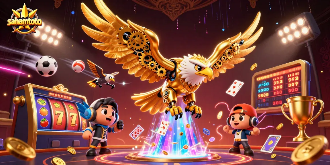 Gambarkan permainan sahamtoto dengan penguin emas terbang di atas kartu dan elemen kasino.