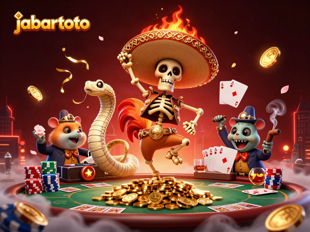 Gambar jabartoto menampilkan skeleton mariachi dalam suasana kemenangan di dunia kasino.