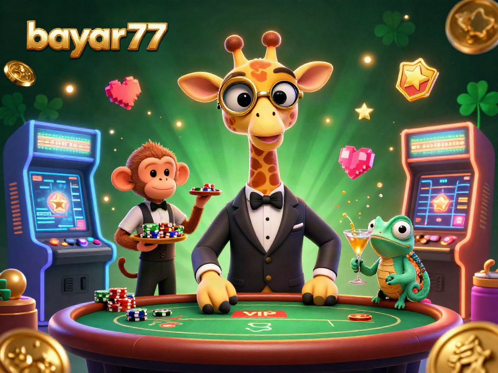 Gambarkan bayar77 di kasino dengan pengalaman mengesankan bersama karakter kartun, mesin game, dan suasana meriah.