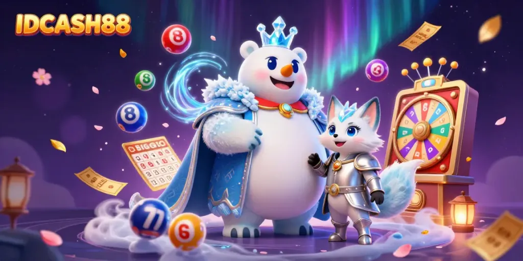 Engage with IDCASH88's exciting lottery-themed creative featuring a captivating ice king and snow fox.