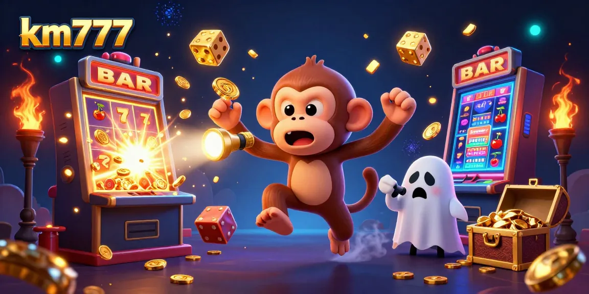 Engage with km777's vibrant casino scene, featuring a poltergeist monkey and curious puppy in action.
