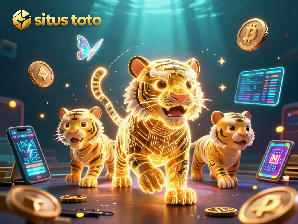 Visualisasikan situs toto dengan kapur tigre emas neon dan koin crypto bersinar yang mengelilingi.