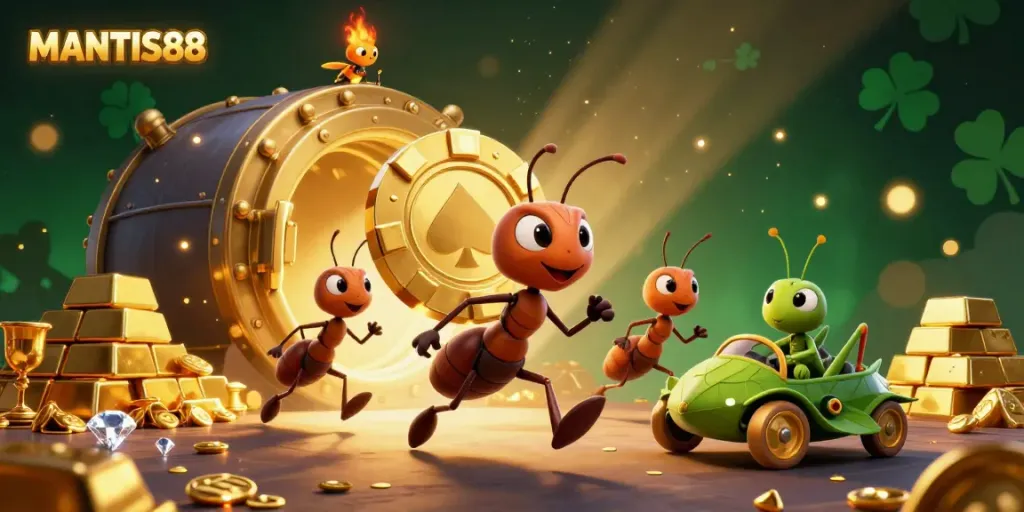 MANTIS88 team of ants heisting a giant poker chip in a vibrant treasure scene.