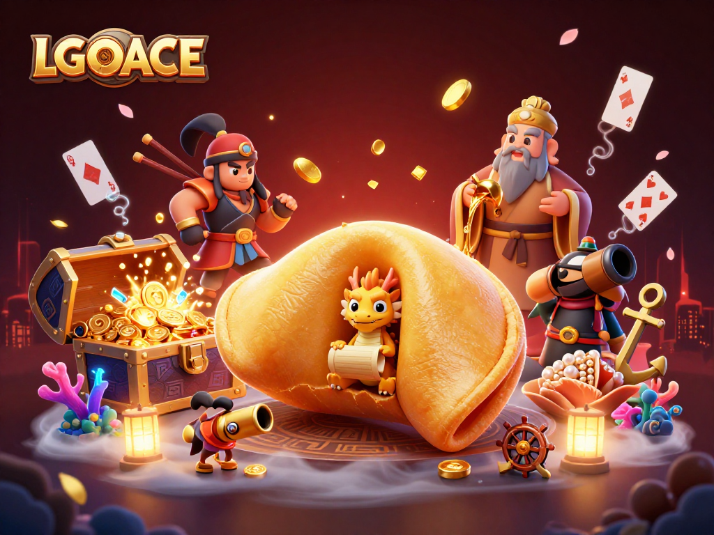 LGOACE showcases an animated, vibrant scene with a golden fortune cookie amidst casino elements.