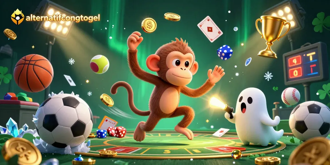 Experience the thrill of alternatifcongtogel with this captivating 3D illustration featuring a mischievous monkey and a puppy in a haunted casino.