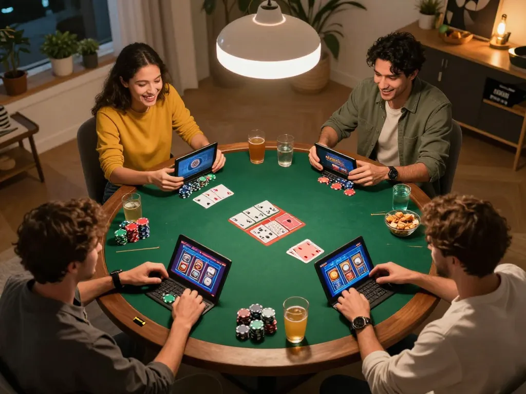 Engaged group of friends playing alfa138 slot online, enjoying casual game night at home with snacks and drinks.