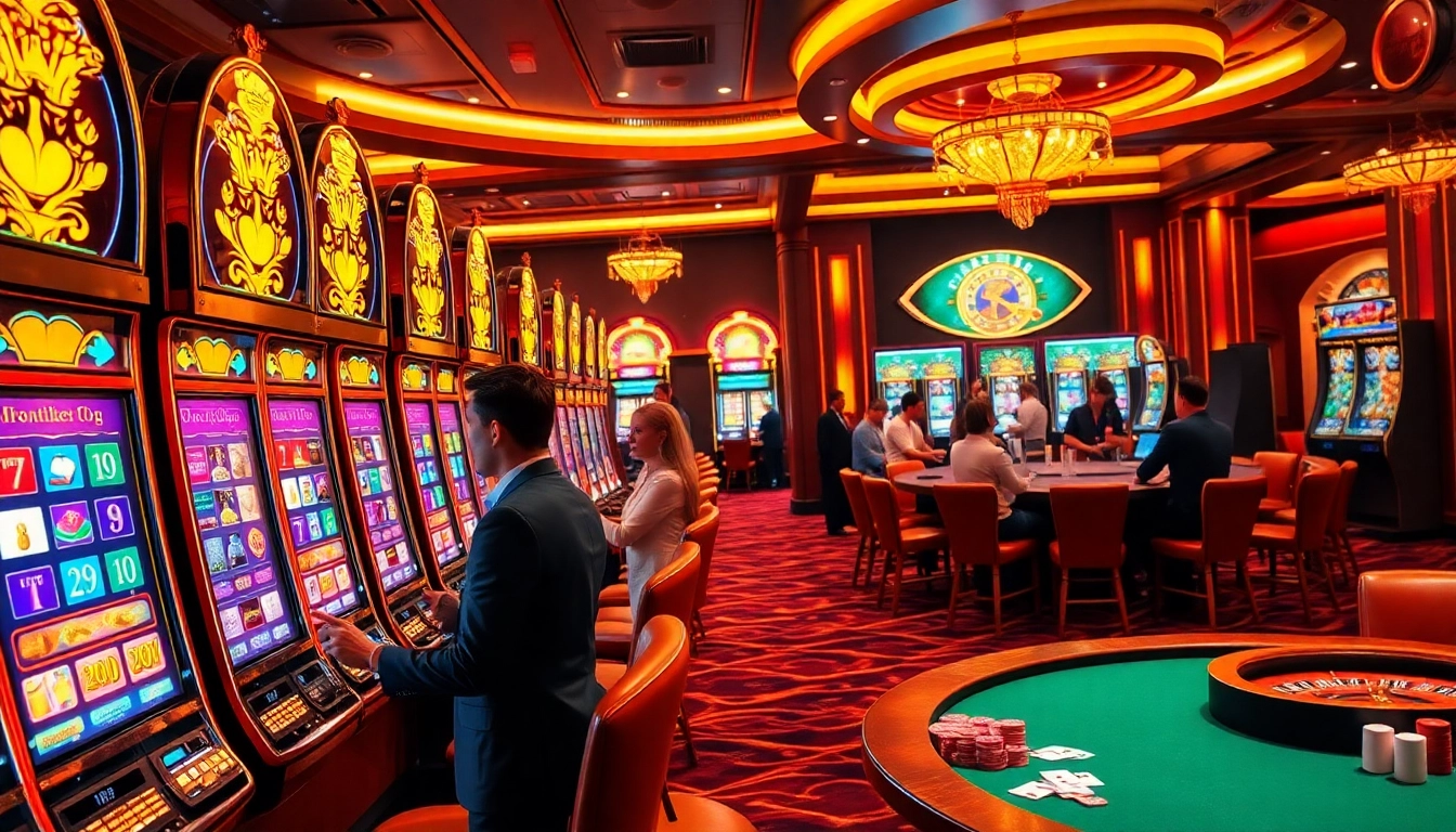 Vibrant scene of players at slot gacor machines in a luxurious casino, capturing excitement and professionalism.