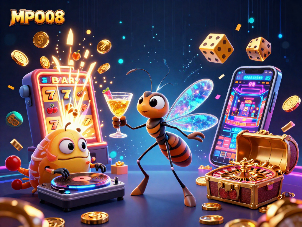 MPO08 engages players with an interactive scene of a vibrant casino atmosphere showcasing games and excitement.