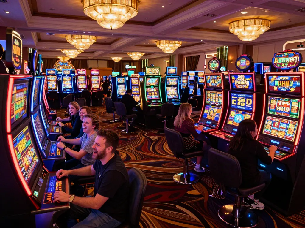 A group celebrating a big win at a slot machine showcases the excitement of 33 win gaming experiences on a lively casino floor.