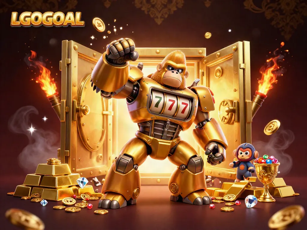 Engage with LGOGOAL to win big amidst spinning slot machine reels and dazzling treasures.