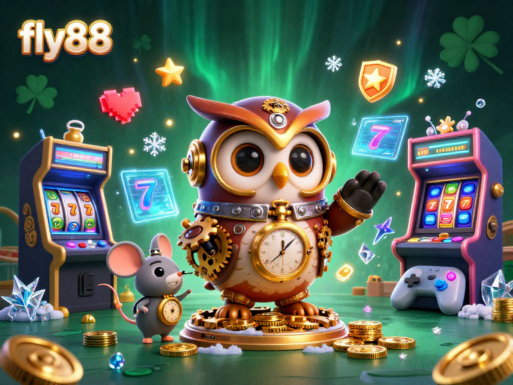 Engage with the excitement of fly88's casino landscape featuring a time-traveling owl and vibrant game elements.