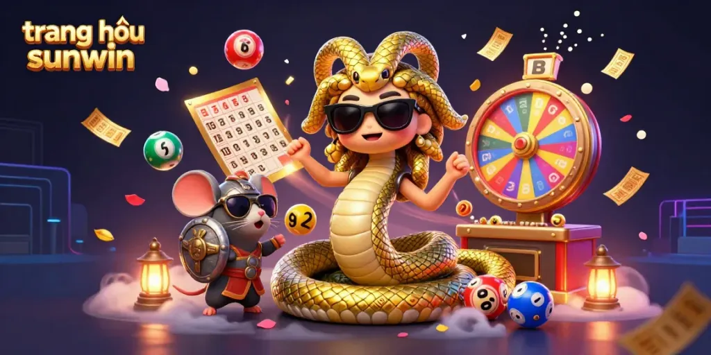 Join the excitement at trang chủ sunwin as Medusa and a warrior mouse celebrate with lottery balls and prizes in a vibrant casino scene.