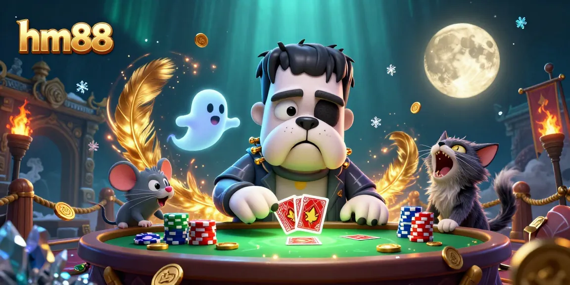 Experience thrilling gaming action at hm88 with a 3D cartoon Frankenstein bulldog at a vibrant casino table