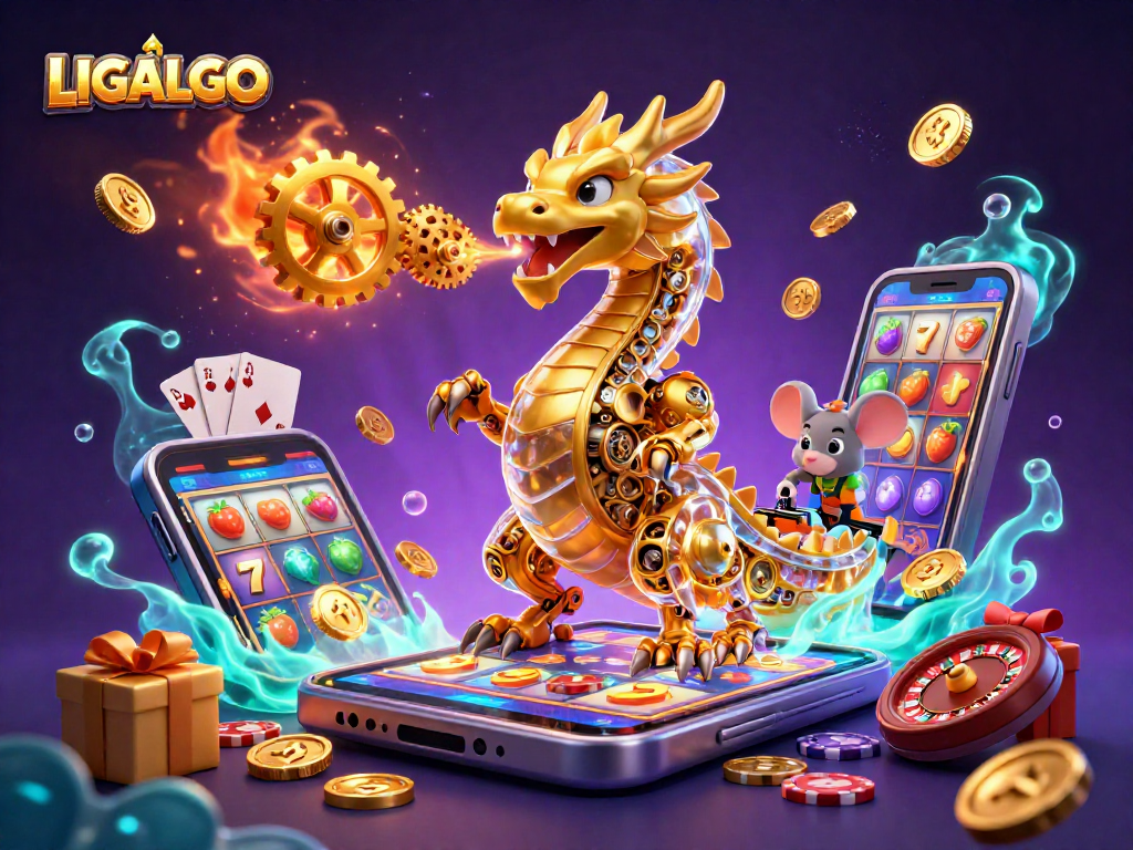 LIGALGO showcases a golden dragon with clockwork features, surrounded by vibrant slot game elements and casino items.