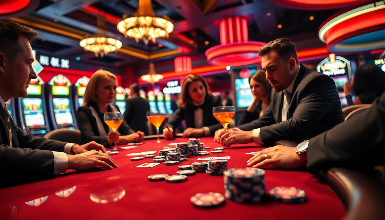 Permainan poker di toko56 dengan suasana ceria dan pemain yang terlibat aktif.