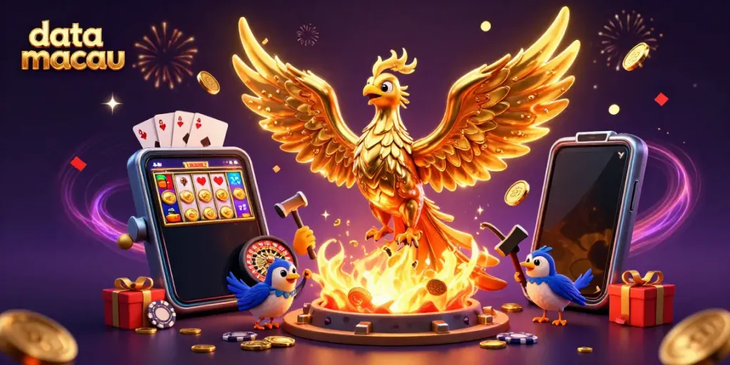 Engage with data macau and experience thrilling gaming excitement with a golden phoenix illustration.