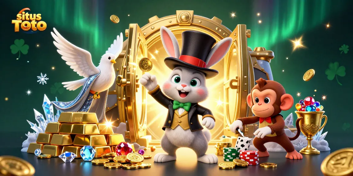 Experience the excitement of situs Toto with a magician rabbit, dove, and monkey amidst shimmering jewels and gold.