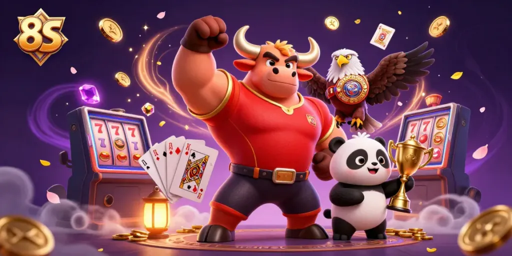 Engage with 8S-themed casino fun featuring a victorious bull mascot, eagle, and panda amidst coins and gaming elements.
