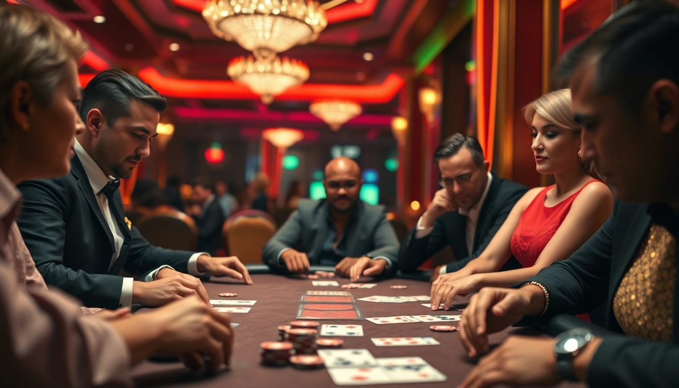 Players engaging in a high-stakes game of poker, emphasizing afk toto excitement within a vibrant casino.