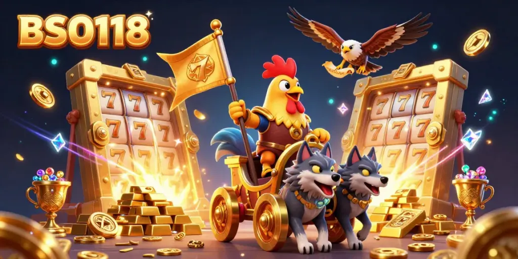 Spin and win with BSO118 as vibrant game elements, including slot reels and treasures, illuminate the dynamic gambling scene.