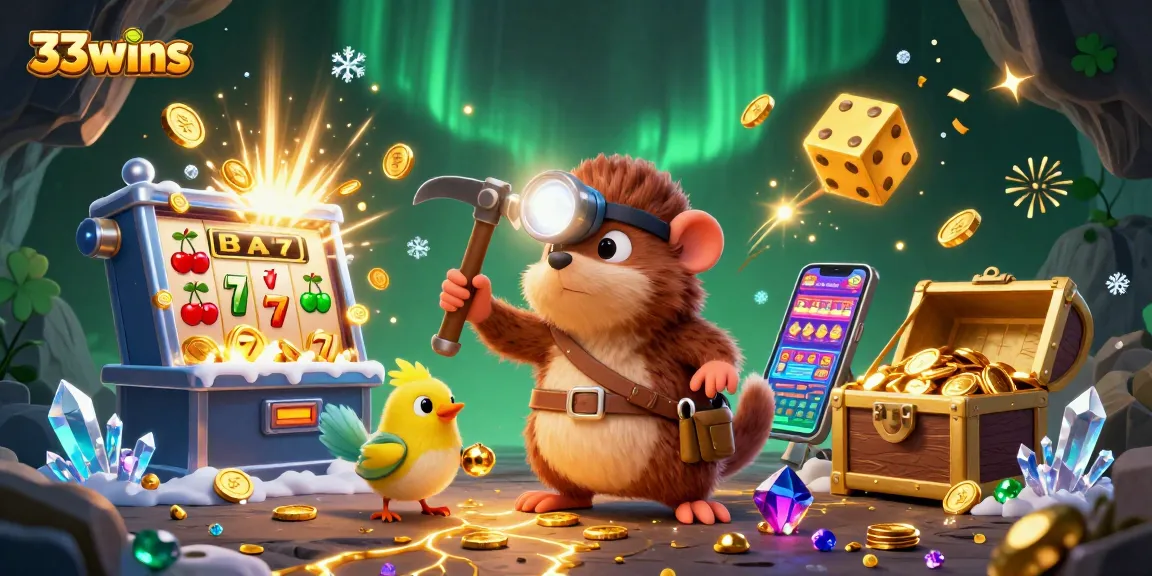 Win big with 33wins, featuring an adventurous mole in a casino-themed treasure scene.