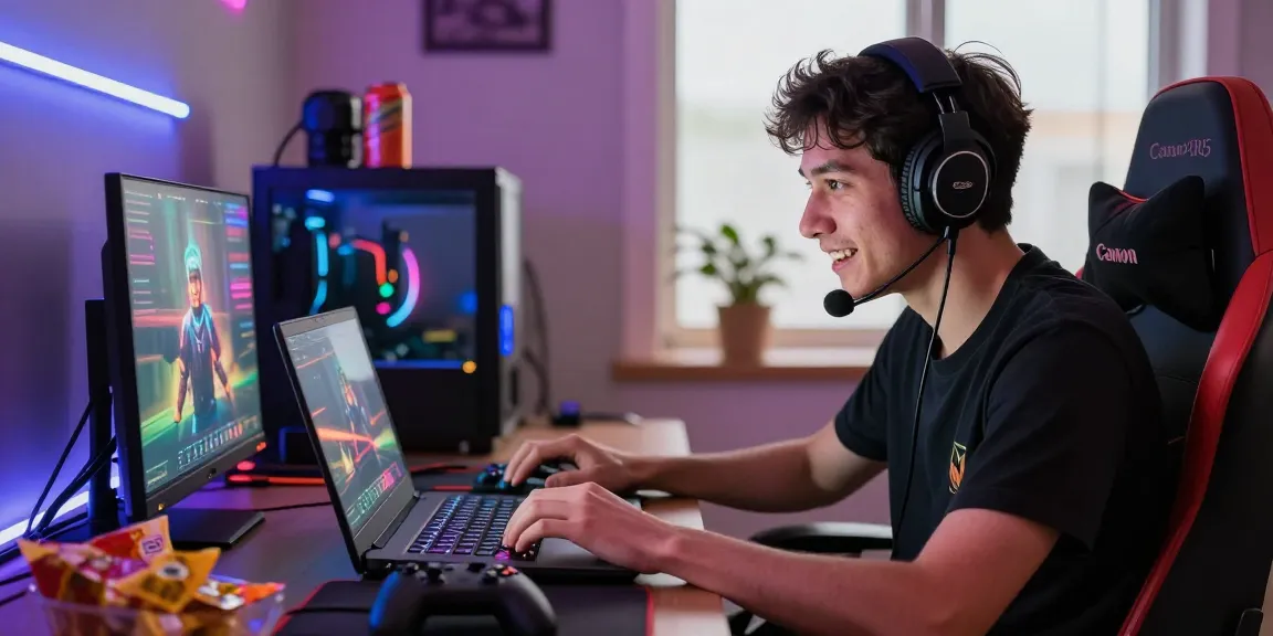 Pengalaman bermain gila 138 dengan gamer fokus pada permainan di laptop, suasana ceria.