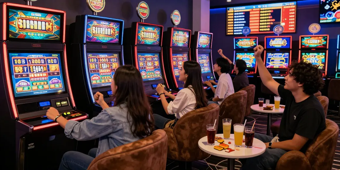 Group enjoying situs slot games in a vibrant gaming lounge