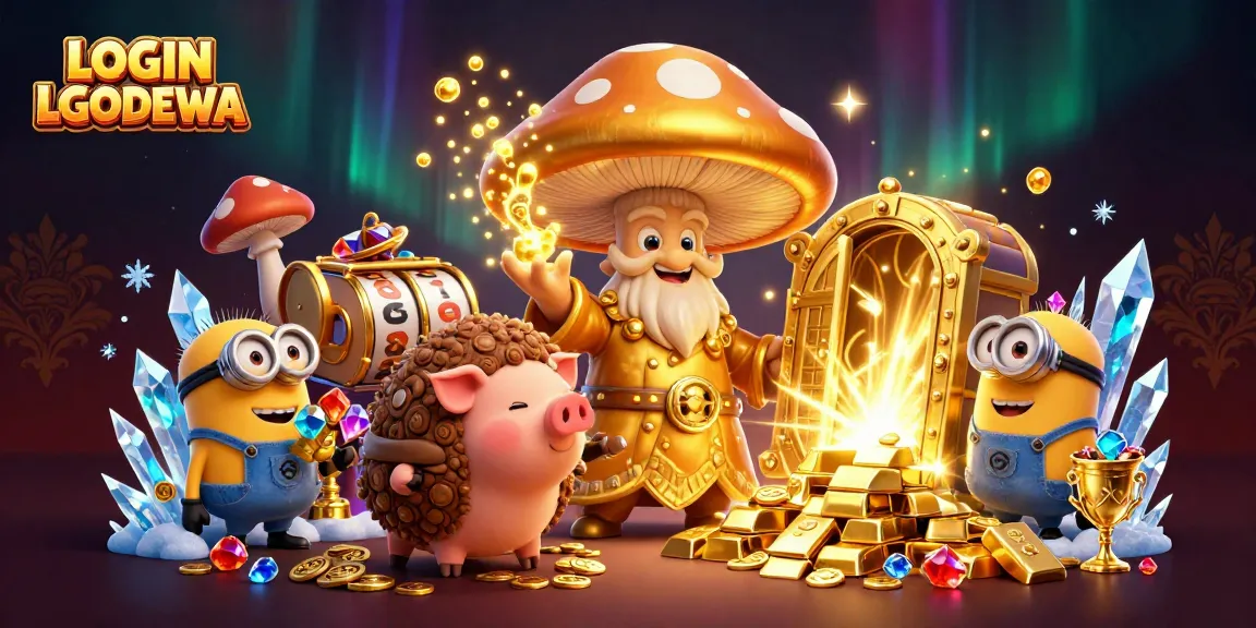 Engage with LOGIN LGODEWA in an enchanting golden casino scene featuring a wizard and treasures.