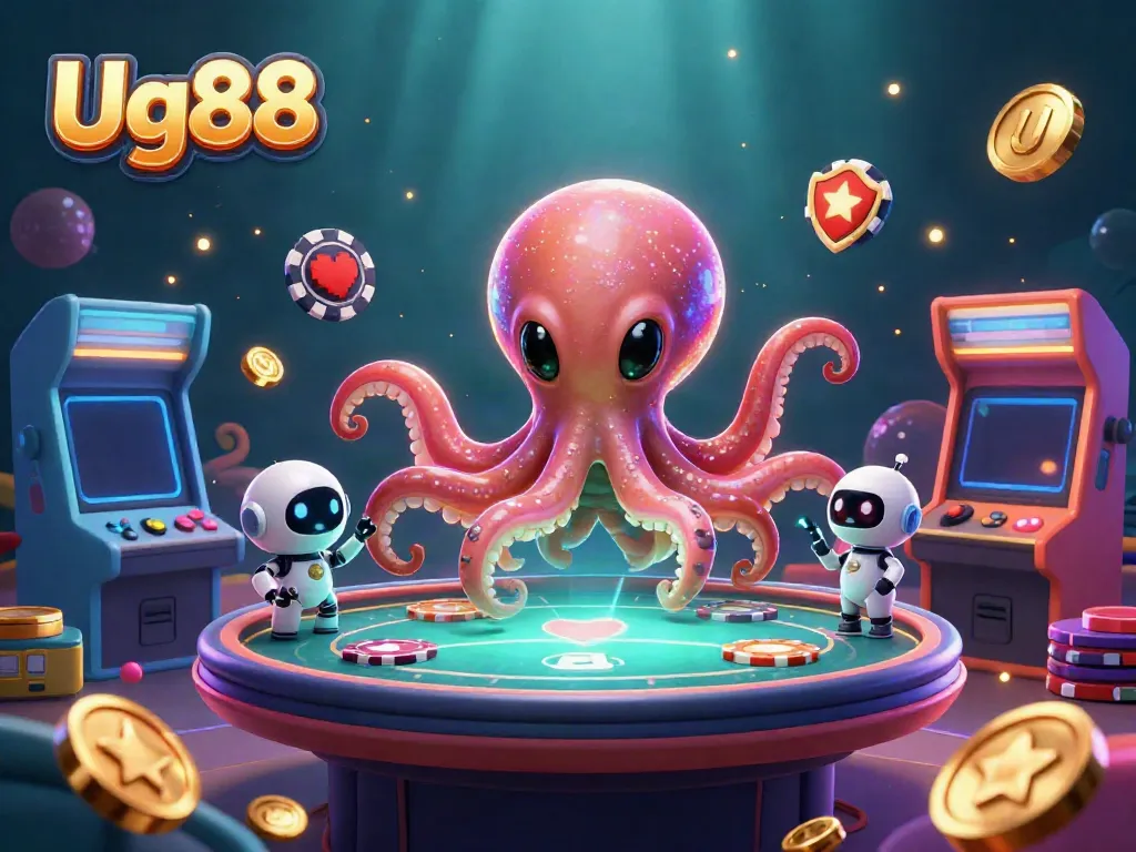 Engage in thrilling gaming action at Ug88, where alien octopus and robot excitement meets vibrant casino elements.