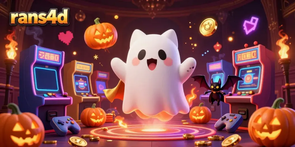 Menggambarkan RANS4D dengan kucing hantu yang melayang di kasino megah, dikelilingi mesin slot dan lampion bertema poker.
