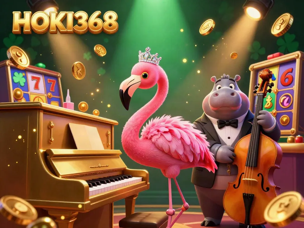 Experience HOKI368's vibrant slot online action with a flamingo singer and hippo bassist in a dazzling casino.