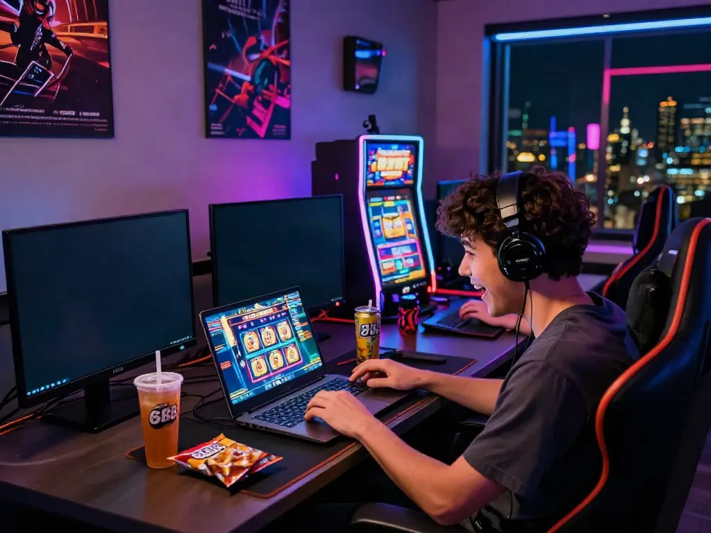 Pengguna slot88 bermain dengan antusias di ruang gaming yang ceria.