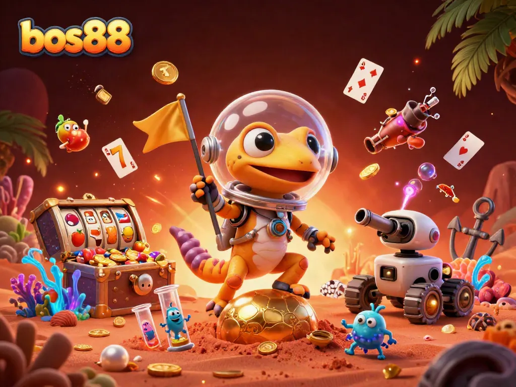 Join the animated Bos88 adventure as the Martian gecko uncovers a hidden casino treasure!