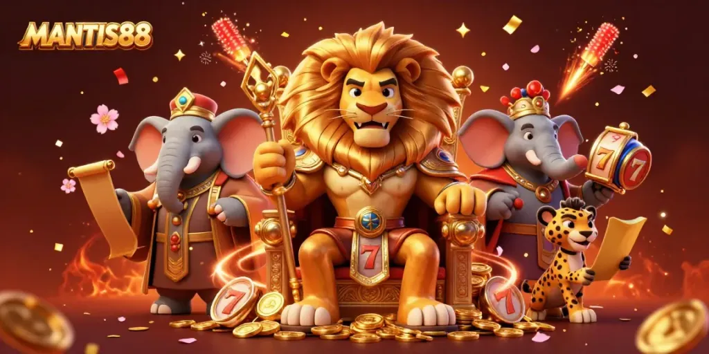 MANTIS88 provides an immersive casino experience with a lion king surrounded by slot reels and festive decorations.