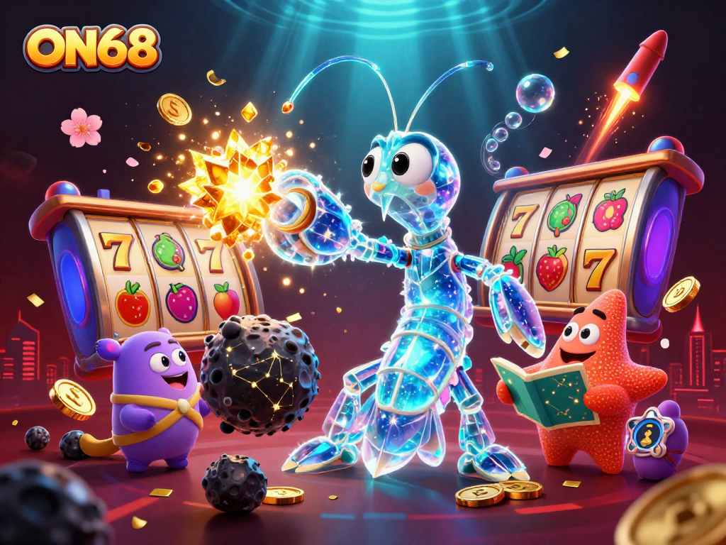 Engage in the ON68 gaming experience with vibrant characters and dynamic casino elements.