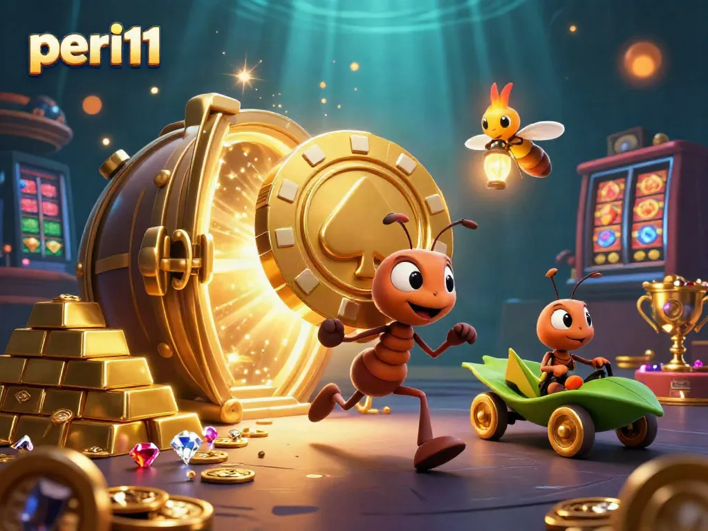 Experience thrilling action at peri11 with ants on a heist, showcasing golden casino treasures and vibrant gaming elements.