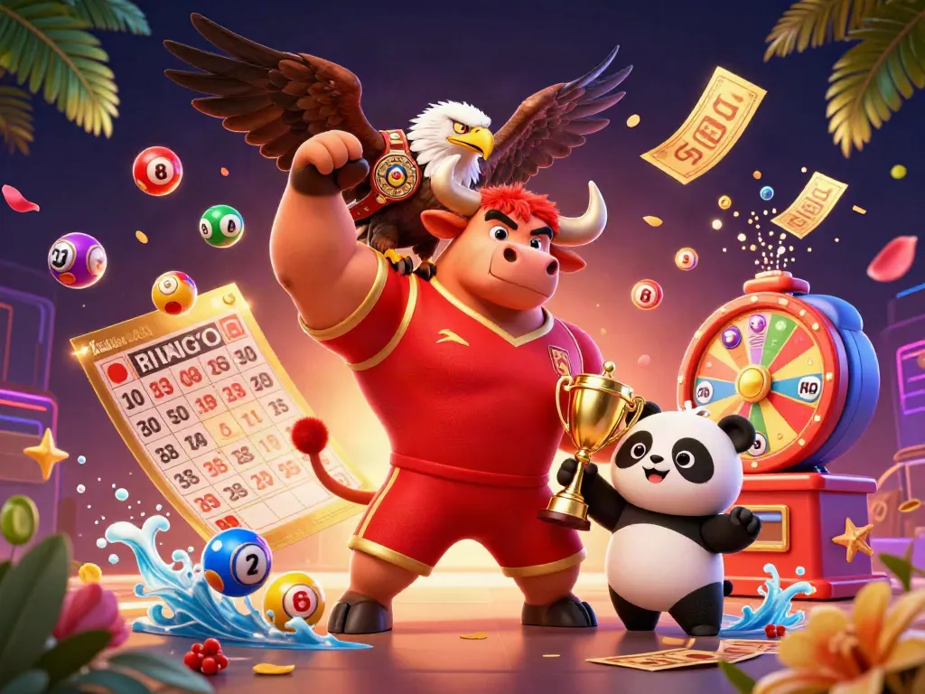 KICAU678 inspires excitement with a vibrant casino-themed illustration featuring a victory-posing bull mascot.