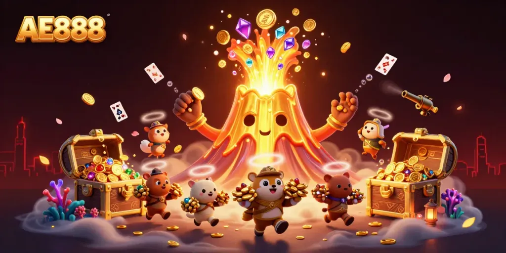 Exciting AE888 casino scene with a golden volcano and explorer animals surrounded by treasures and game elements.
