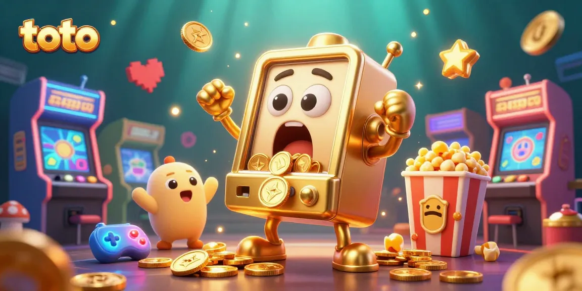 Celebrate huge wins with a colorful toto jackpot scene featuring golden slot machines and arcade games
