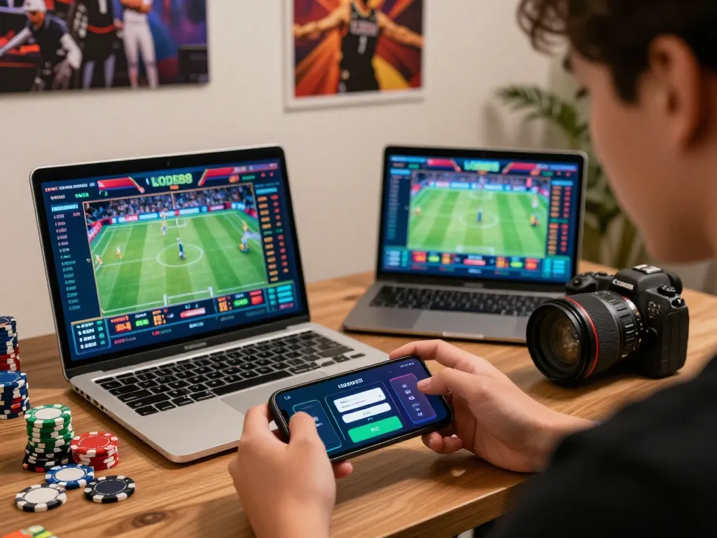Engaging online gambling environment featuring LODE88 live betting on a smartphone amid sports graphics and gaming tools.